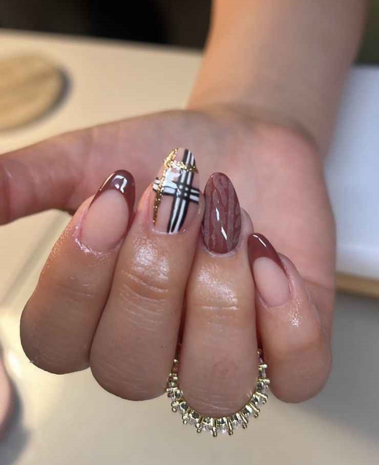 Chocolate Almond Plaid Nails 