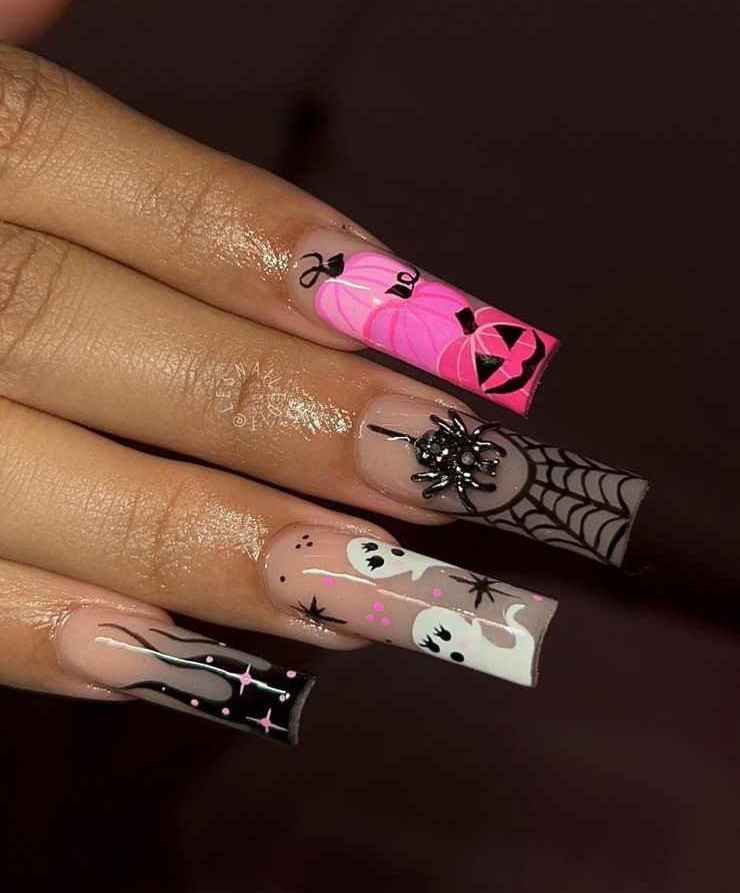 Clear and Pink Scary Pumpkins Nails