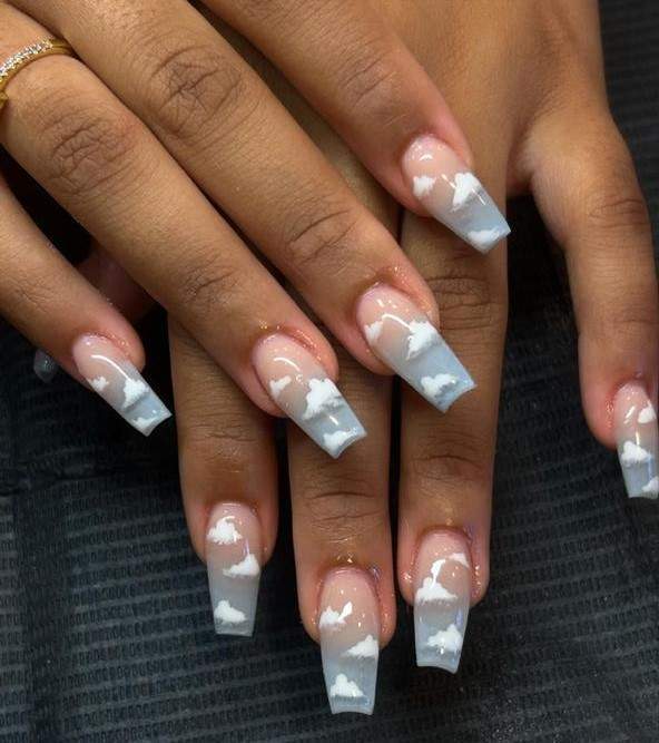 Cloudy-Themed Blue Ombre Baby Shower Nails