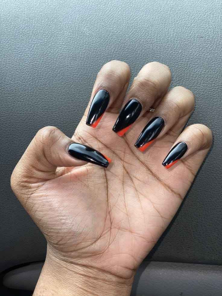 Glossy Black Coffin orange and black halloween nails