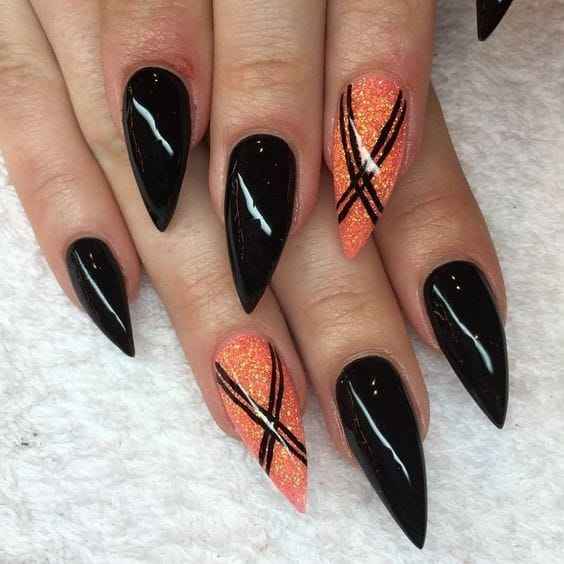 Glossy Black and Glittery Crosses orange and black halloween nails