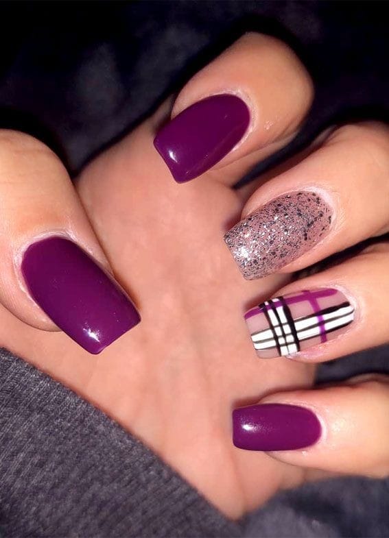 glossy purple and silver glitter plaid nails