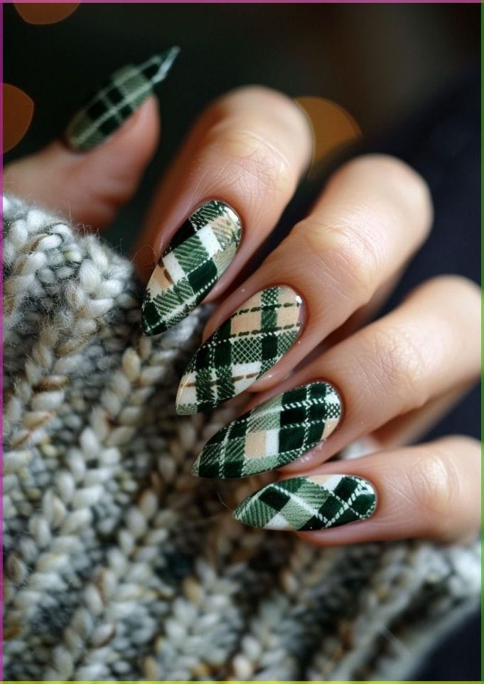 white and green plaid stilettos nails