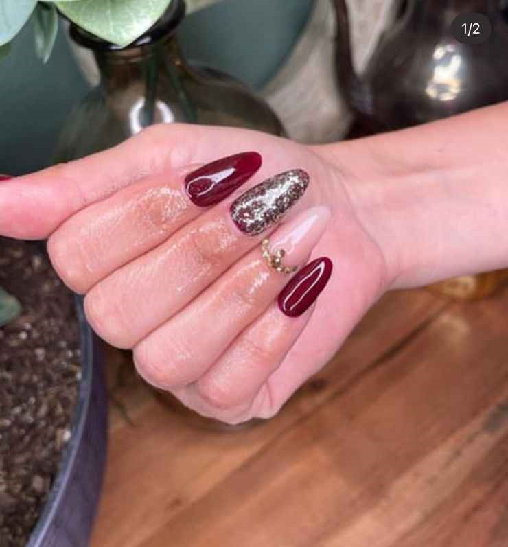 Maroon and Glitter Combo Fall Almond Nails