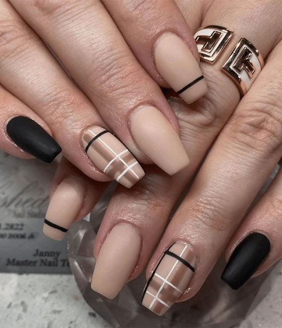 matte black and nude plaid coffin nails