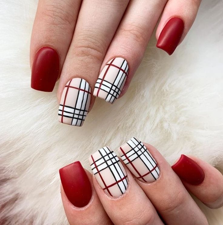 matte red and beige fall plaid nails