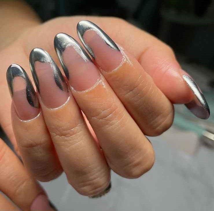 Negative Space Silver Tips Fall Almond Nails