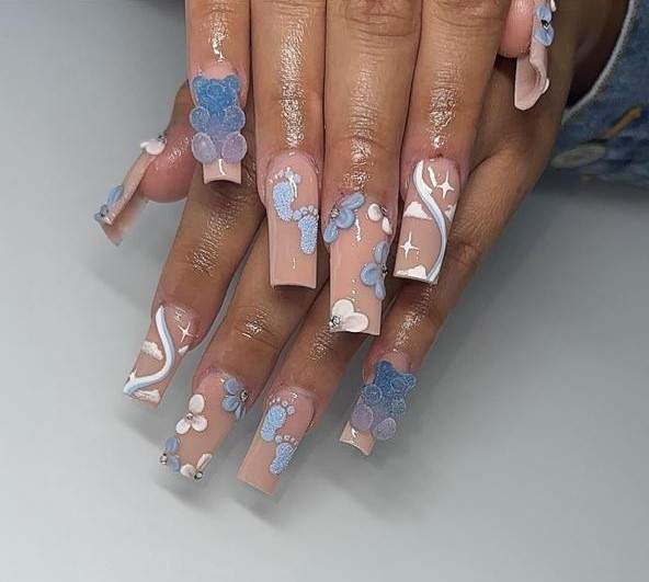 Nude Pink Nails with Glittery Blue Bear 