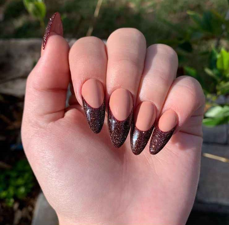 Nude and Coffee Glitter Nails