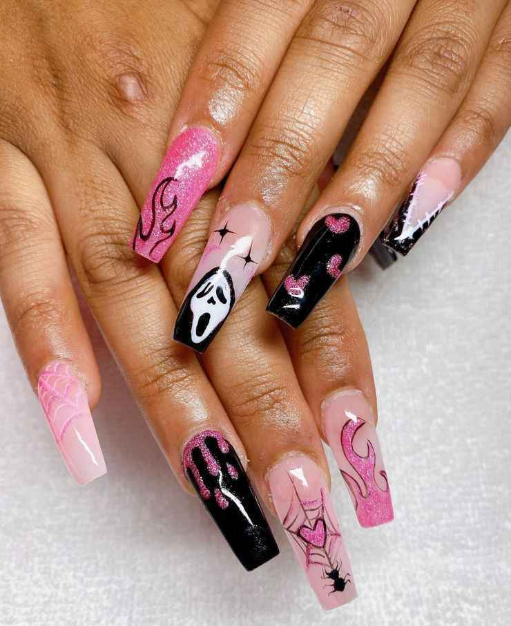 Pink Coffin Fire Nails