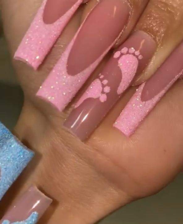 Pink Glittery French Tips baby shower nails