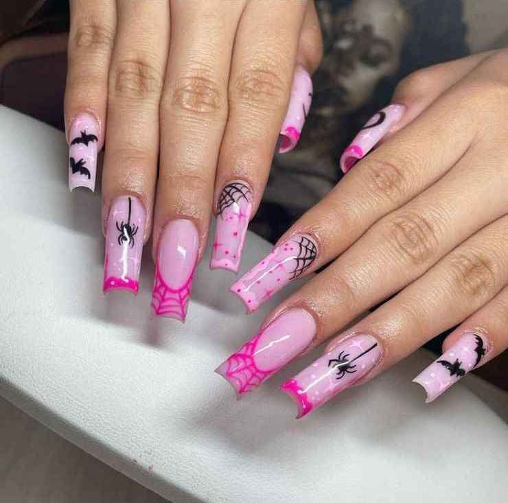 Pink Square Bat and Spider Web Nails