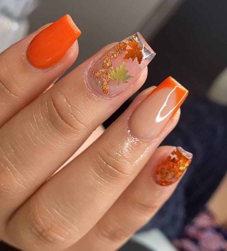 square nails with orange and glitter details orange fall nails