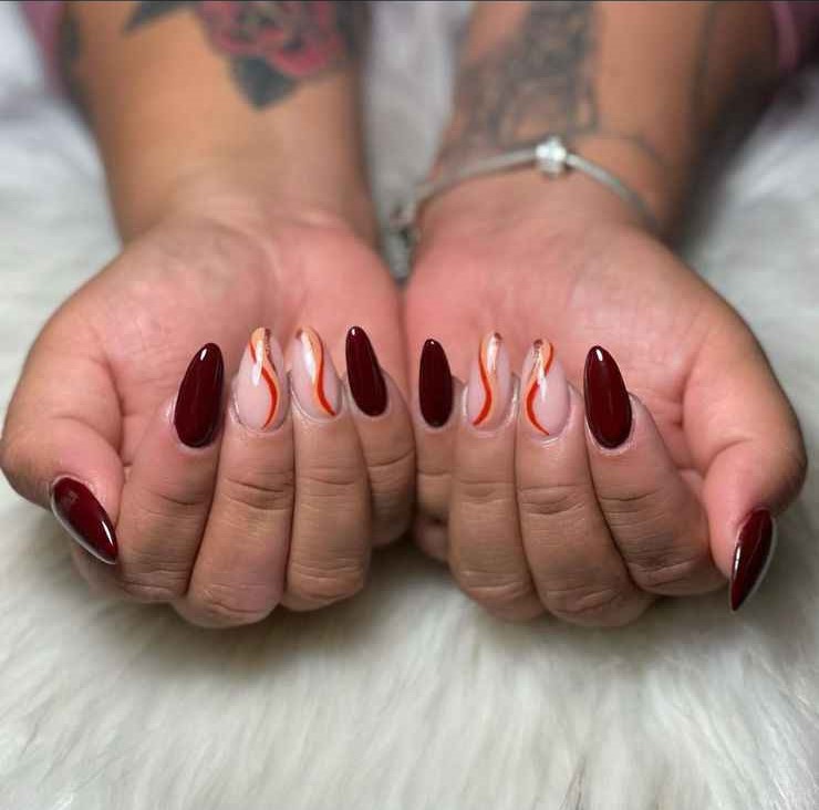 twisted maroon fall almond nail designs