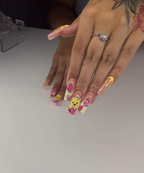 Yellow Pooh and Pink Hearts French Baby Shower Nails 