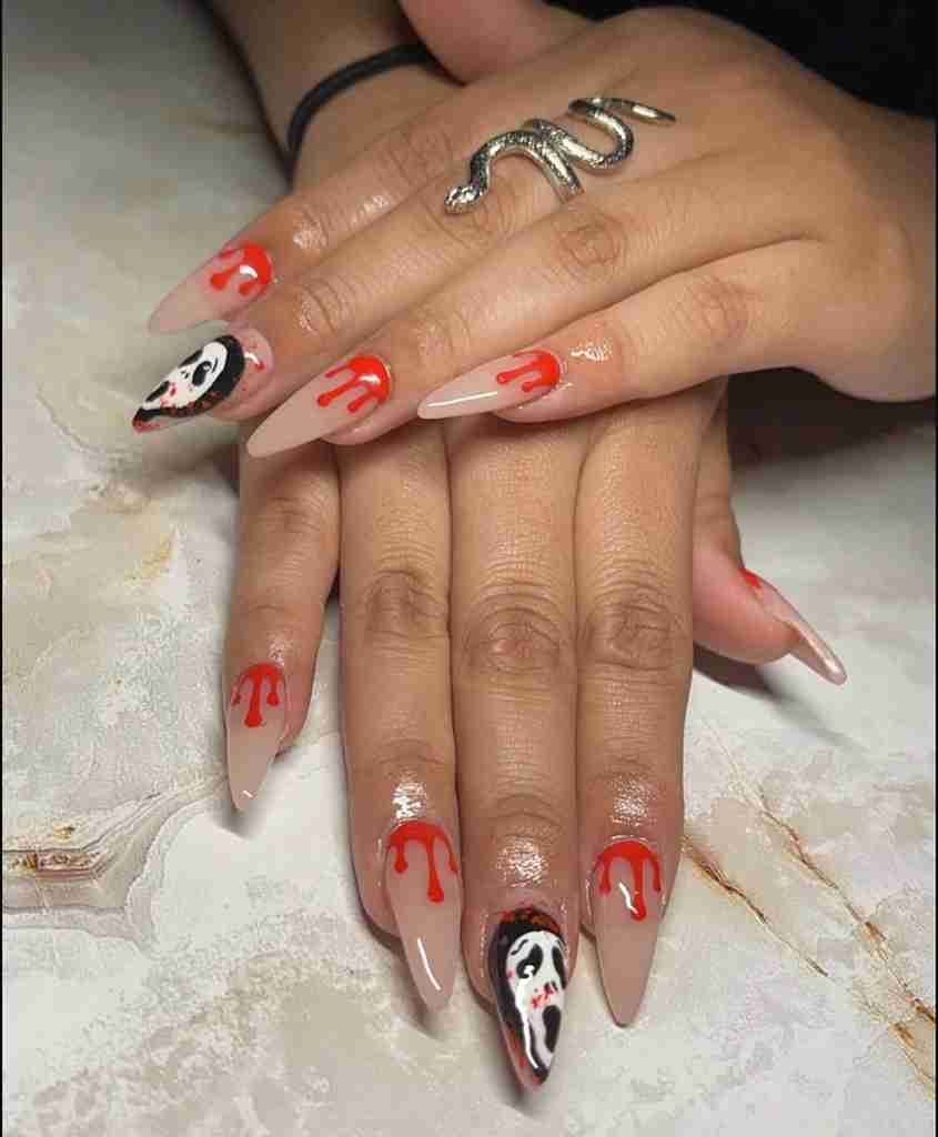 Bloody Ghost Portrait almond Halloween nail designs