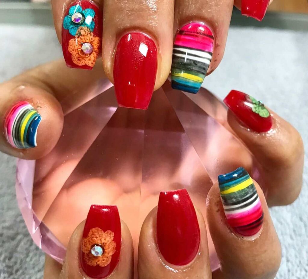 Fiesta Stripes & Blooms cinco de mayo nail designs