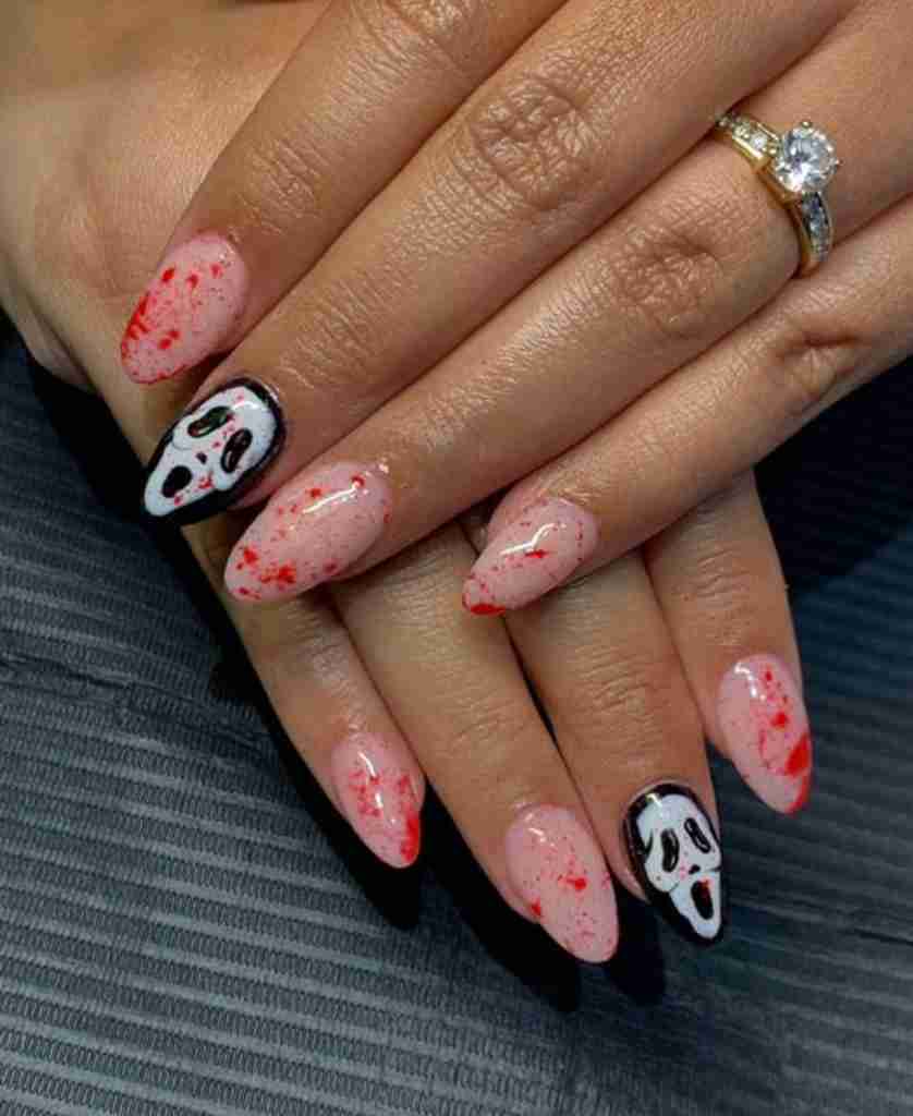 Ghostly Blood Splatters Almond Halloween Nails