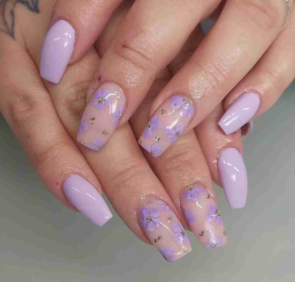 Lavender Coffin Nails with Gold Glitter