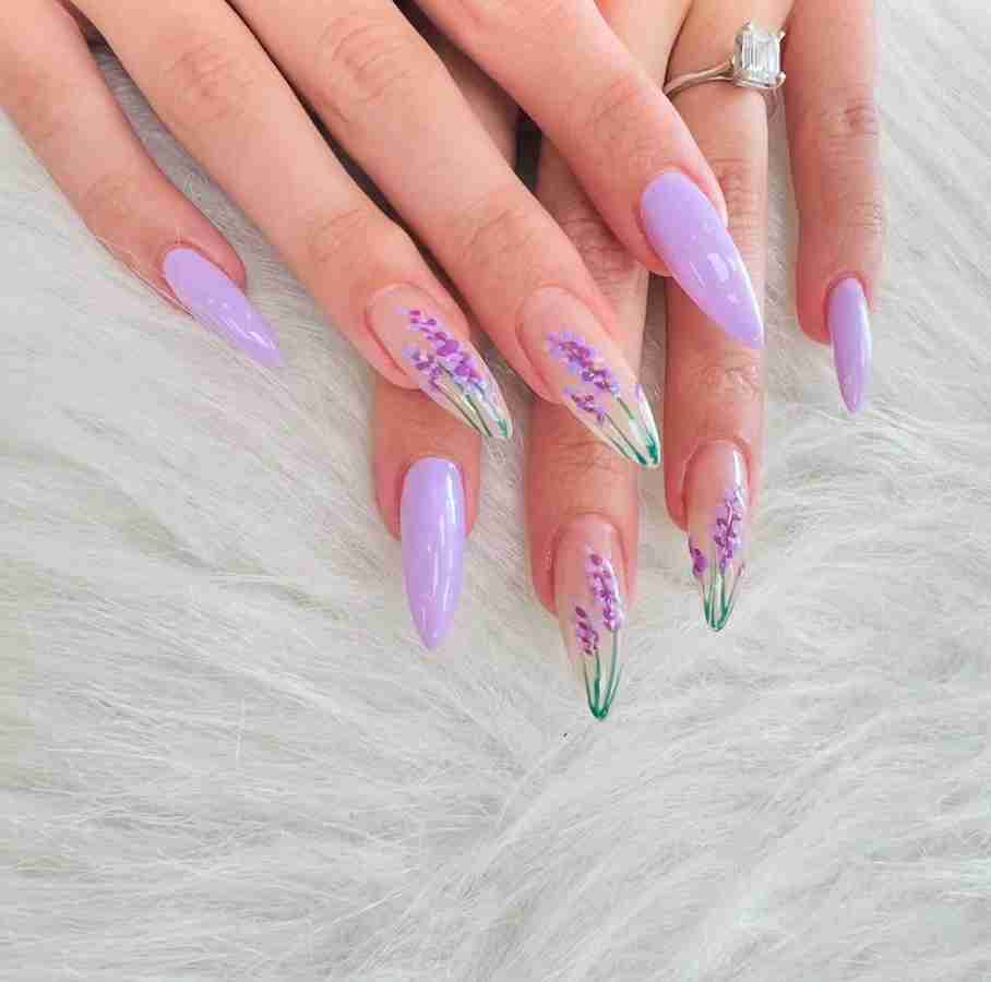 Lavender Stiletto Nails with Floral Art