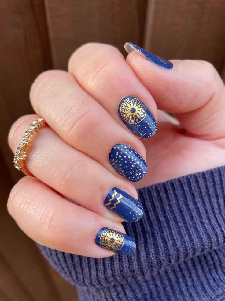 Navy Blue Zodiac Wheel Aquarius Nail Designs