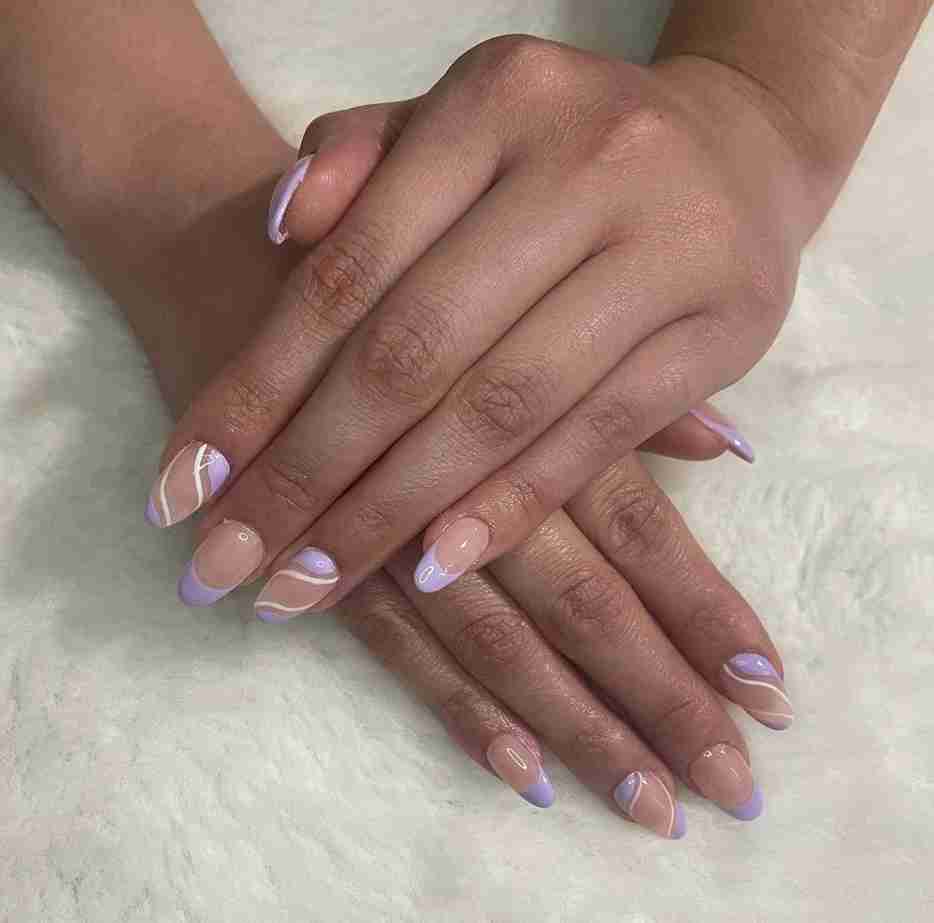 Nude and Lavender Nails with White Swirls