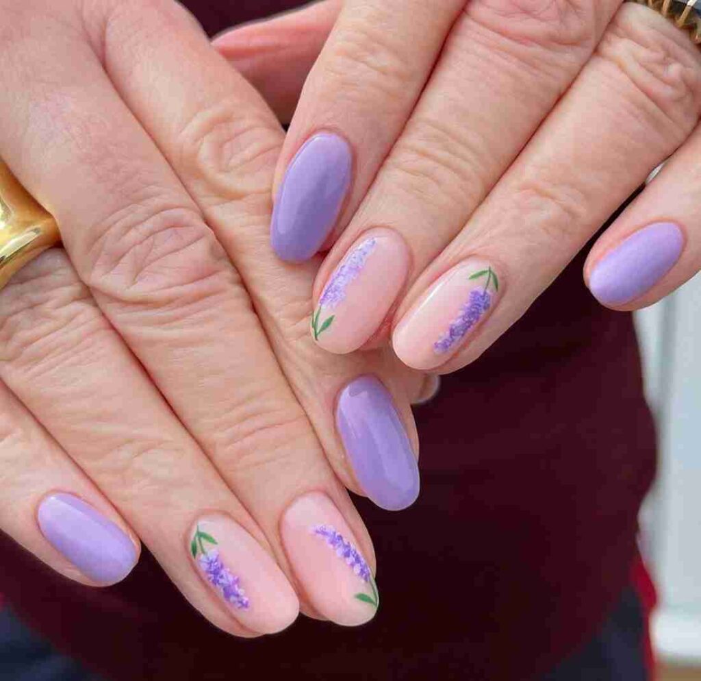 Round Lavender Nails with Floral Accents