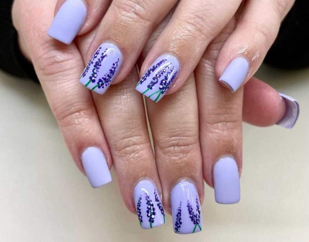 Solid Lavender Square Nails with Floral Art