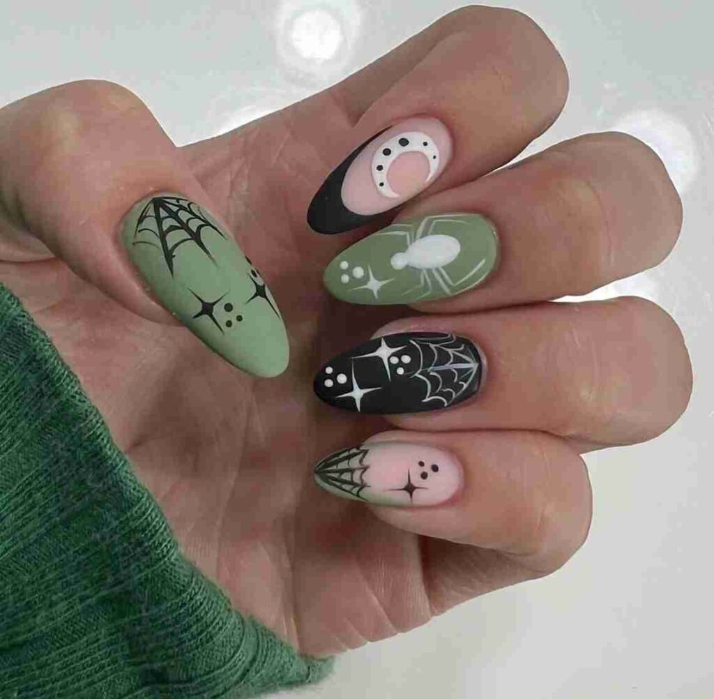 Spider's Green Lair Almond Halloween Nails