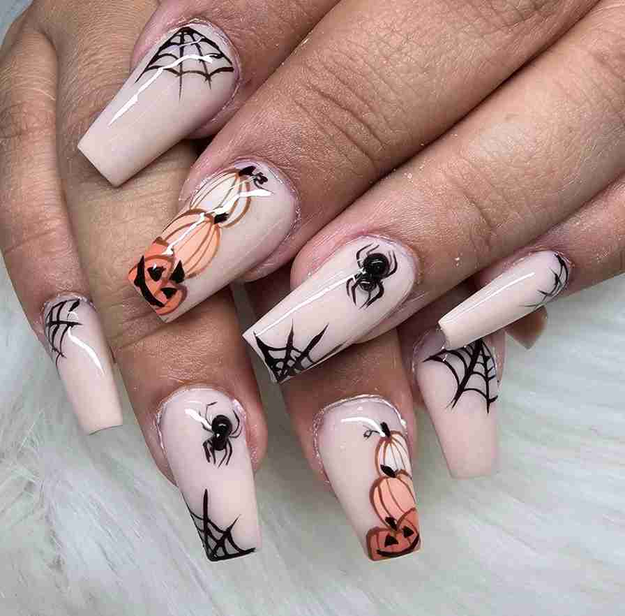 Spider's Web pumpkin Halloween nails