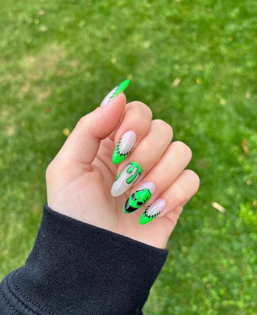 Spooky Glam lime green nail art