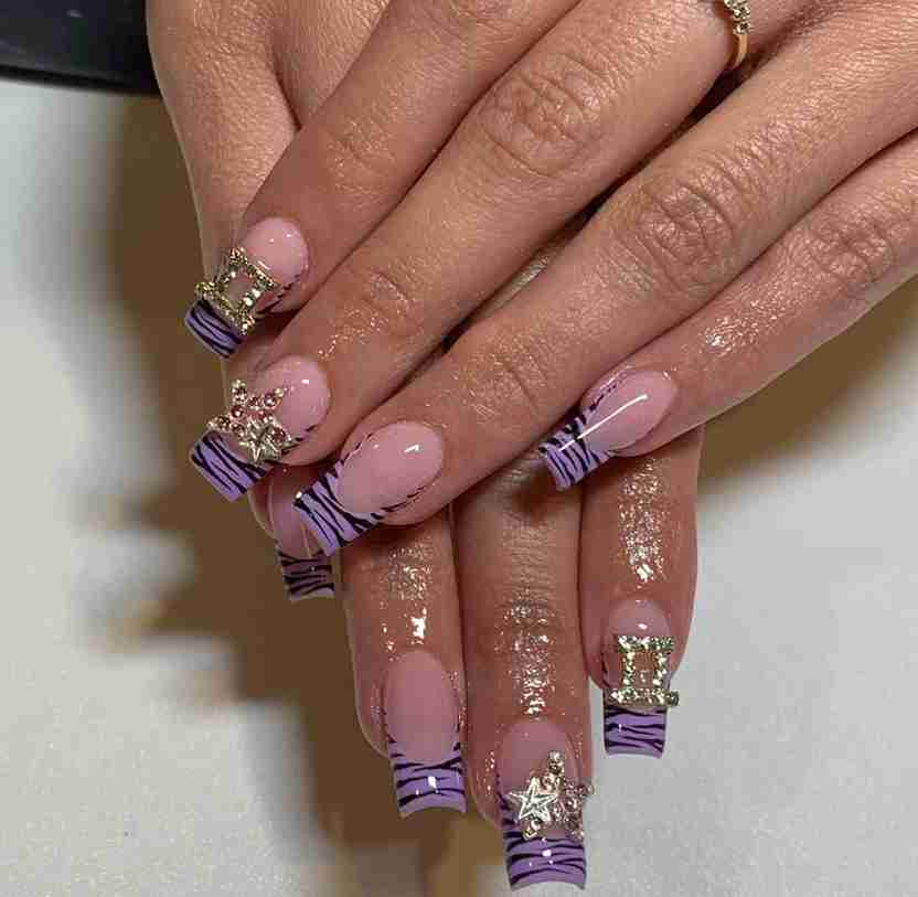 Wavy Lavender and Black Square Tips with Rhinestones